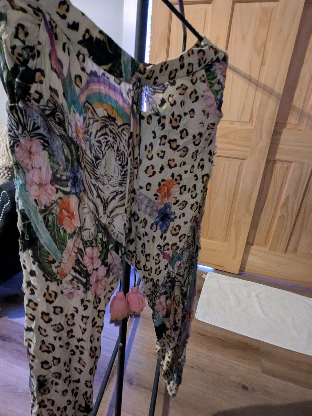 Floral & Leopard Print Women’s Pants  in Beige with Pink Accents